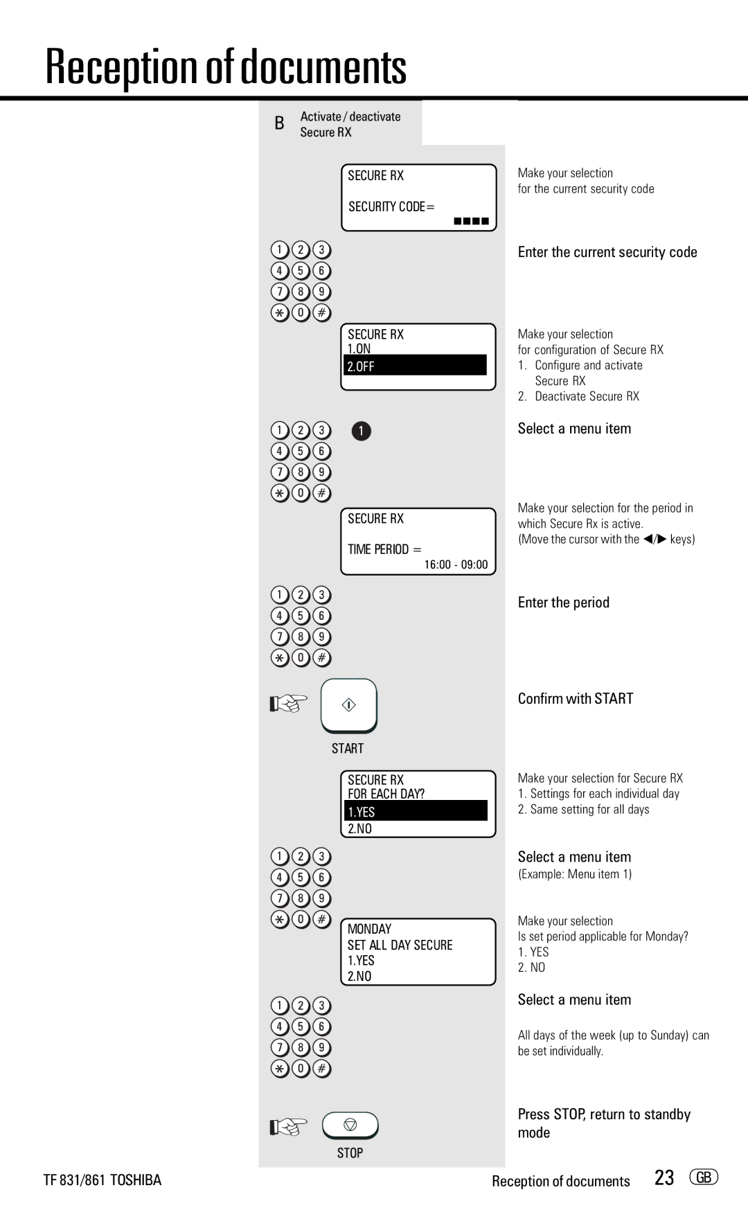 Toshiba TF831/861 manual 23 GB, Enter the current security code, Enter the period Confirm with Start 