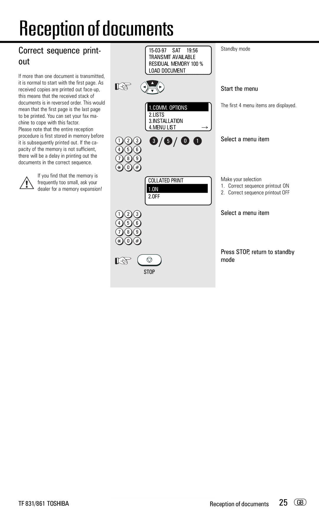 Toshiba TF831/861 manual Correct sequence print- out, 25 GB 