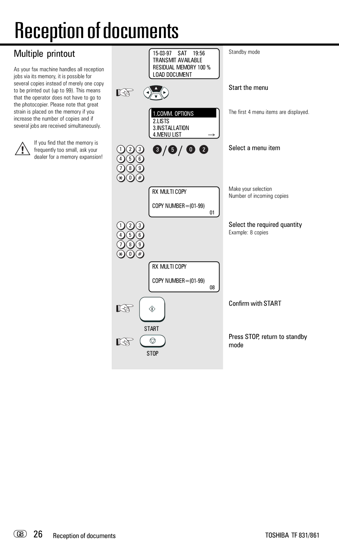 Toshiba TF831/861 manual Multiple printout, Select the required quantity, Make your selection Number of incoming copies 