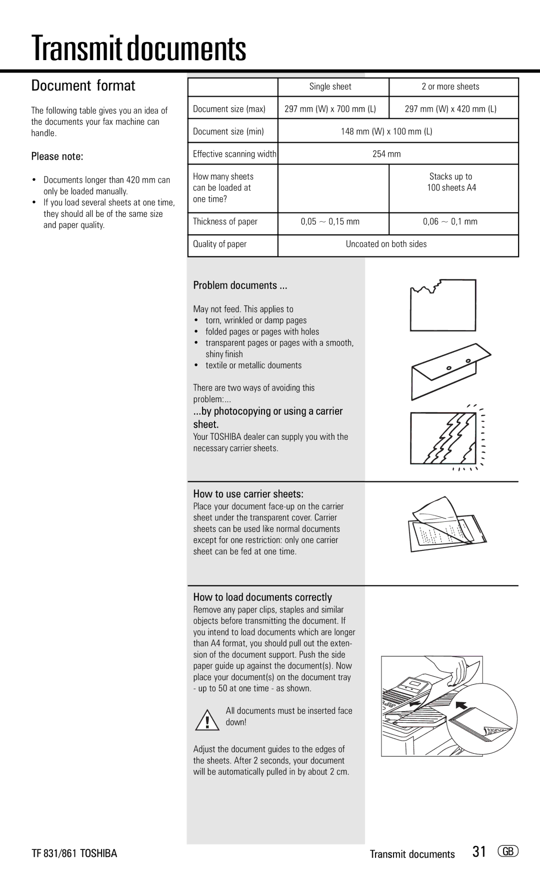 Toshiba TF831/861 manual Transmit documents, Document format 