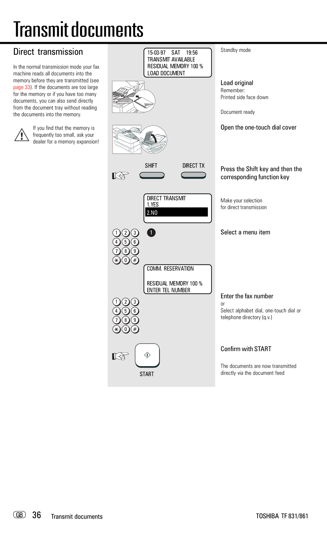 Toshiba TF831/861 manual Direct transmission, Select a menu item Enter the fax number, GB 36 Transmit documents 