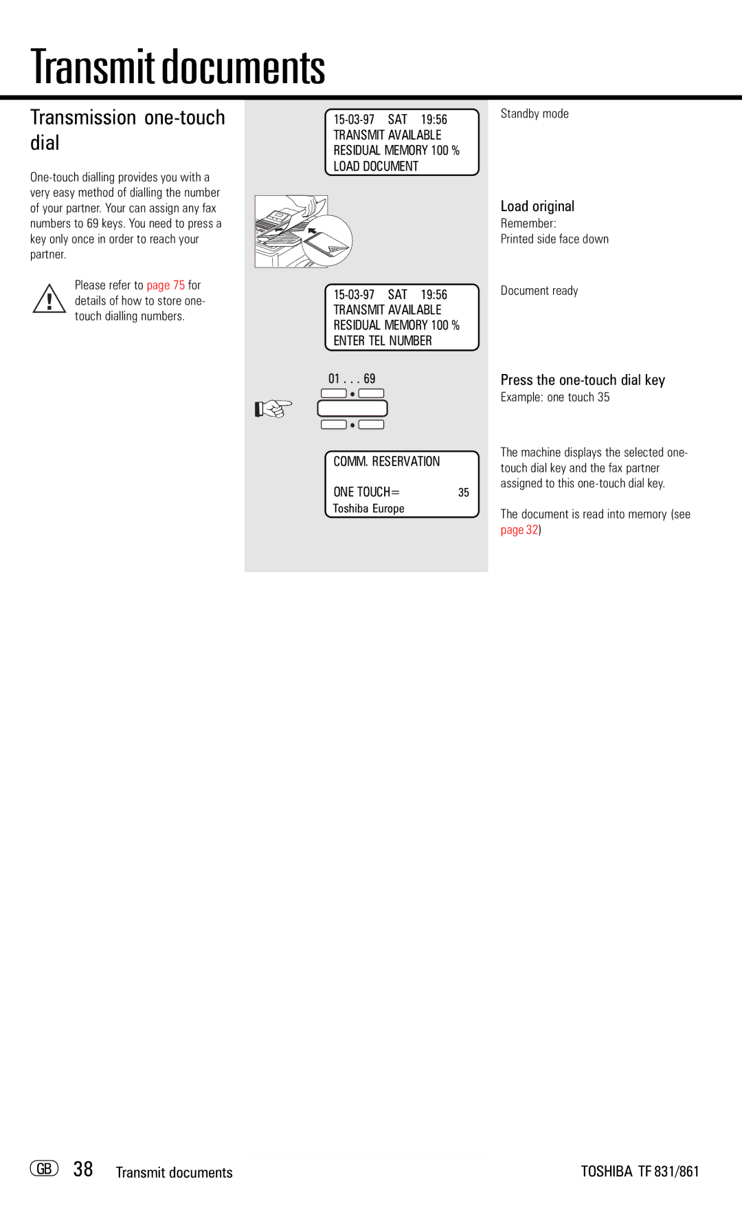 Toshiba TF831/861 Transmission one-touch dial, Press the one-touch dial key, GB 38 Transmit documents, Example one touch 