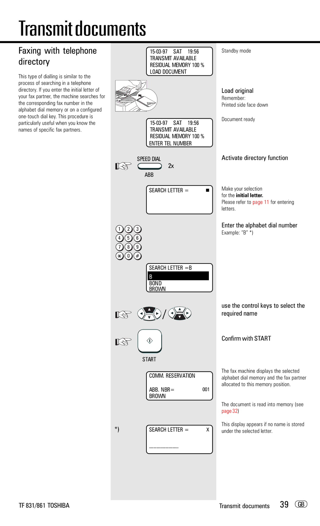 Toshiba TF831/861 manual Faxing with telephone directory, Activate directory function, Enter the alphabet dial number 