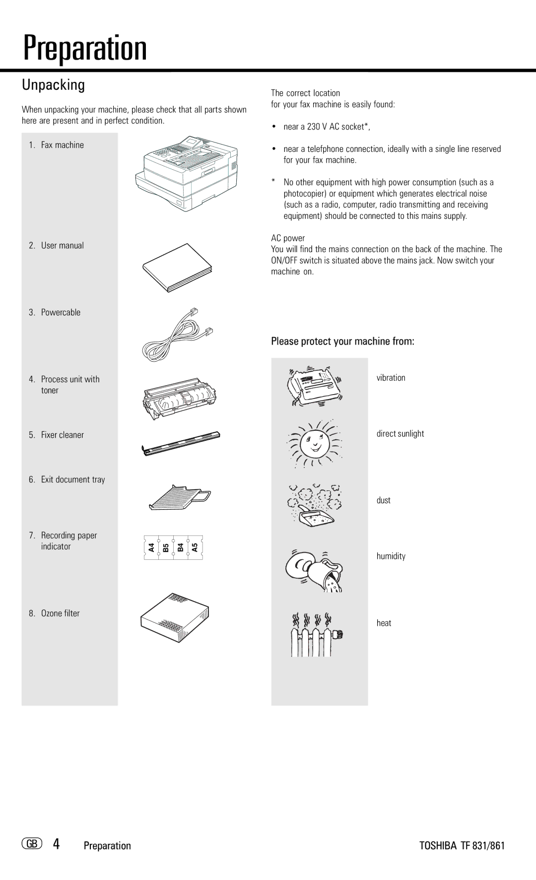 Toshiba TF831/861 Preparation, Unpacking, Please protect your machine from, Vibration Direct sunlight Dust Humidity Heat 