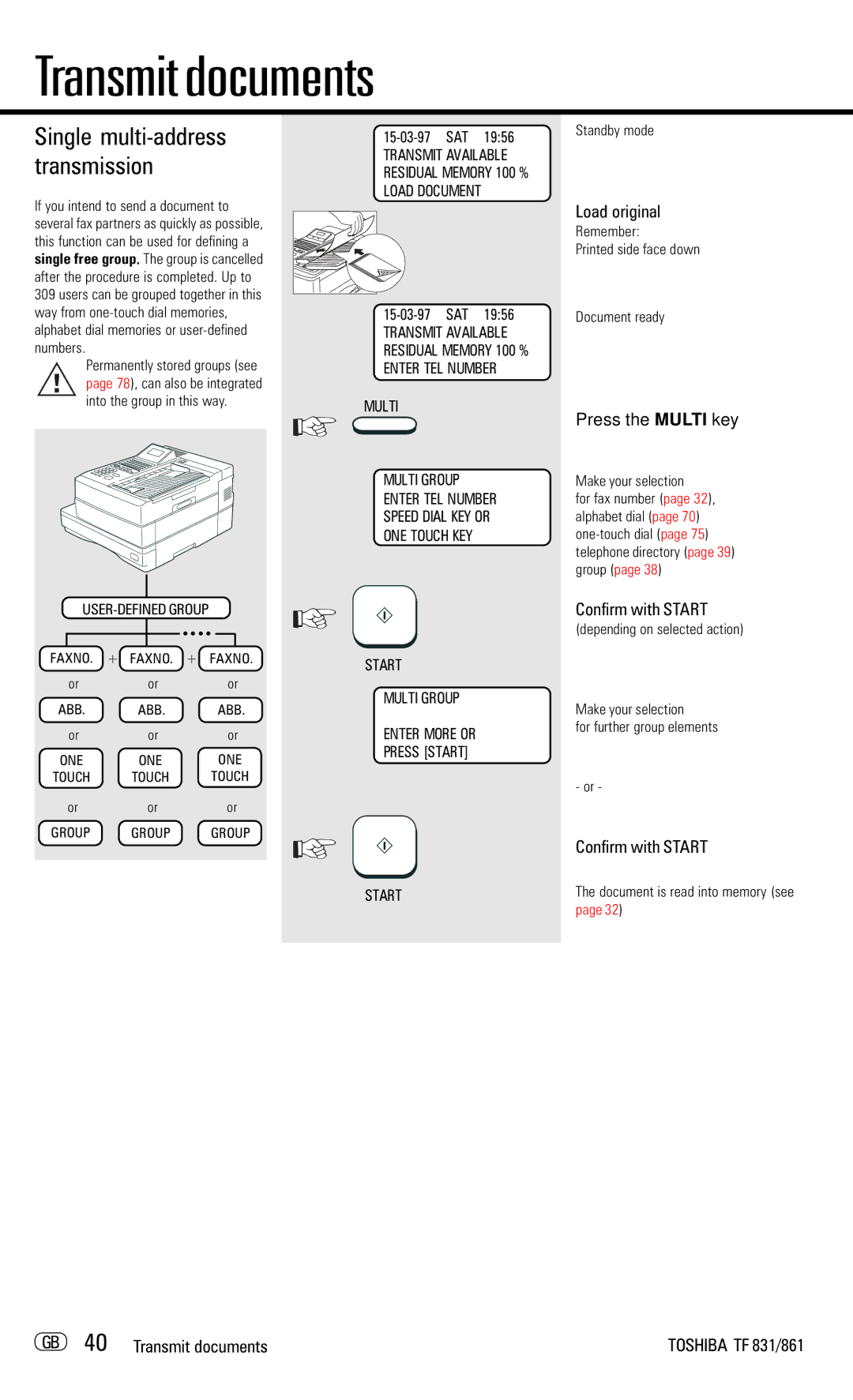 Toshiba TF831/861 manual Single multi-address transmission, GB 40 Transmit documents 