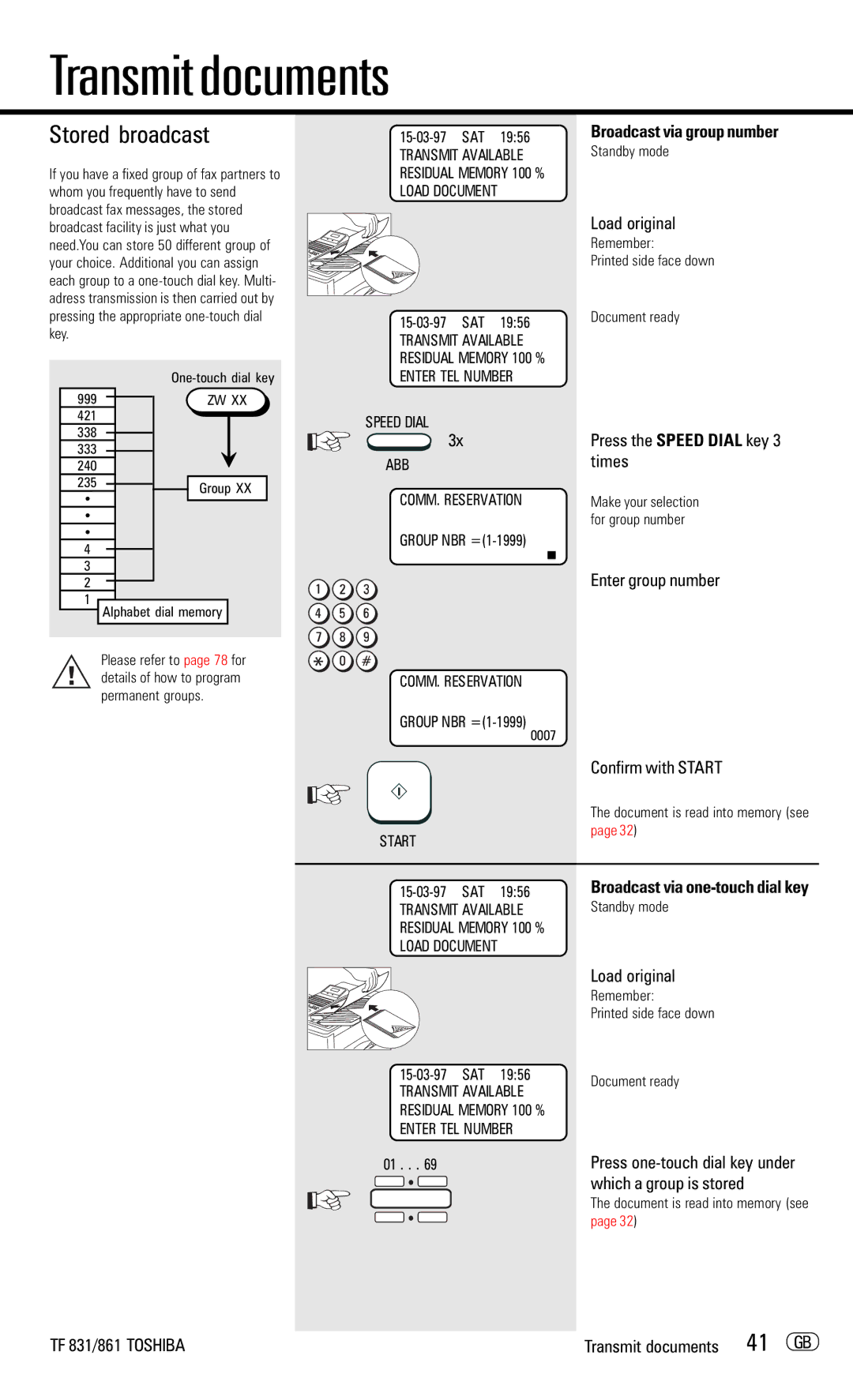 Toshiba TF831/861 manual Stored broadcast, Press the Speed Dial key 3 times, Enter group number Confirm with Start 