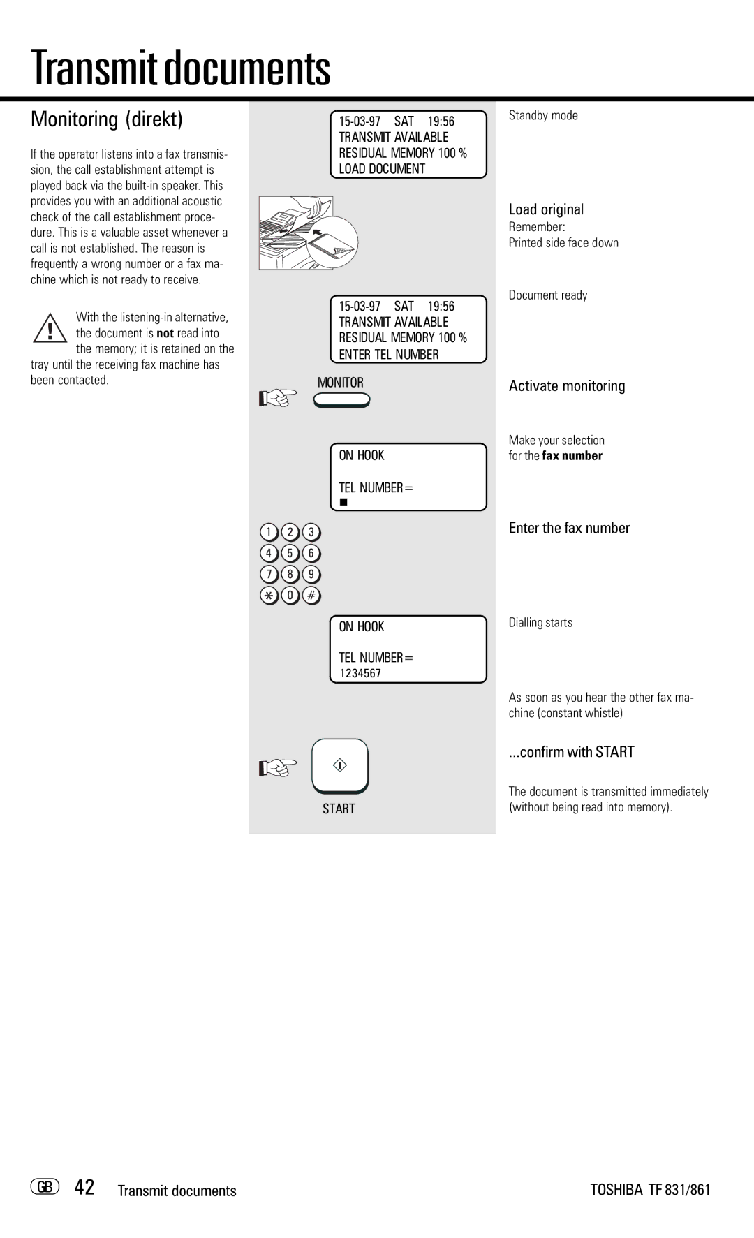 Toshiba TF831/861 manual Monitoring direkt, Activate monitoring, GB 42 Transmit documents, 1234567 