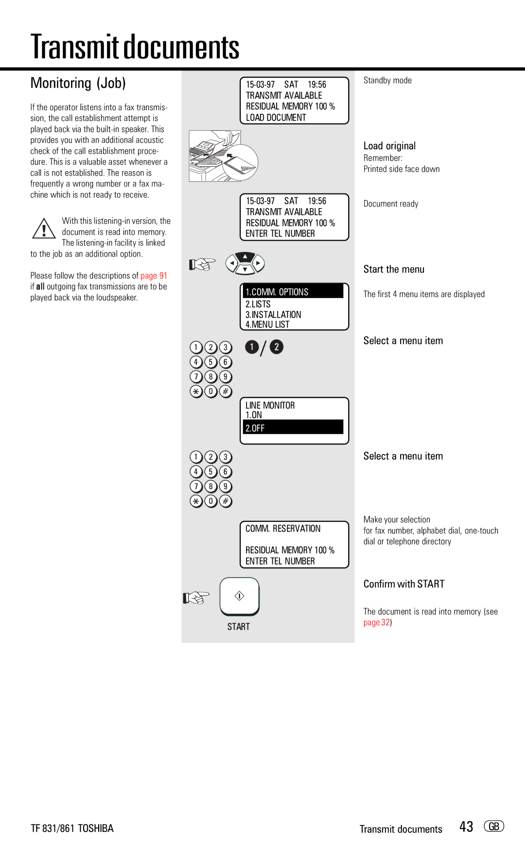 Toshiba TF831/861 manual Monitoring Job, TF 831/861 Toshiba Transmit documents 43 GB 