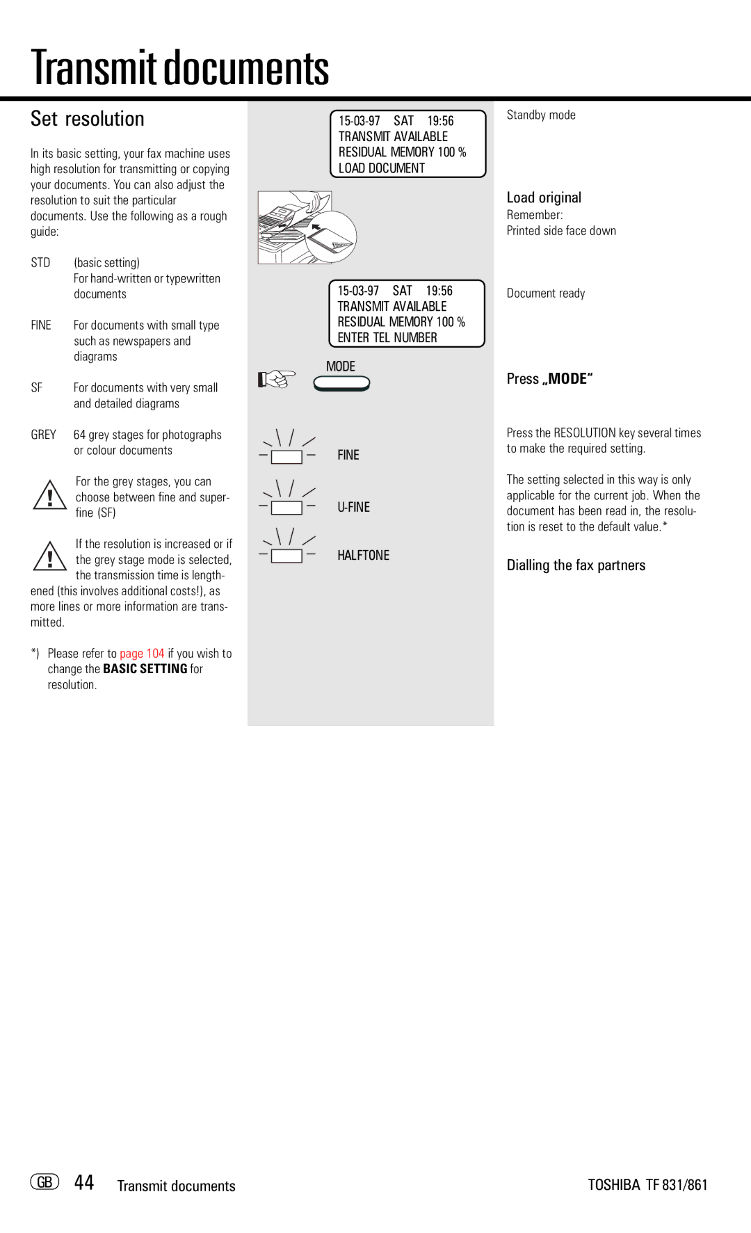 Toshiba TF831/861 manual Set resolution, Press „MODE, Dialling the fax partners GB 44 Transmit documents 