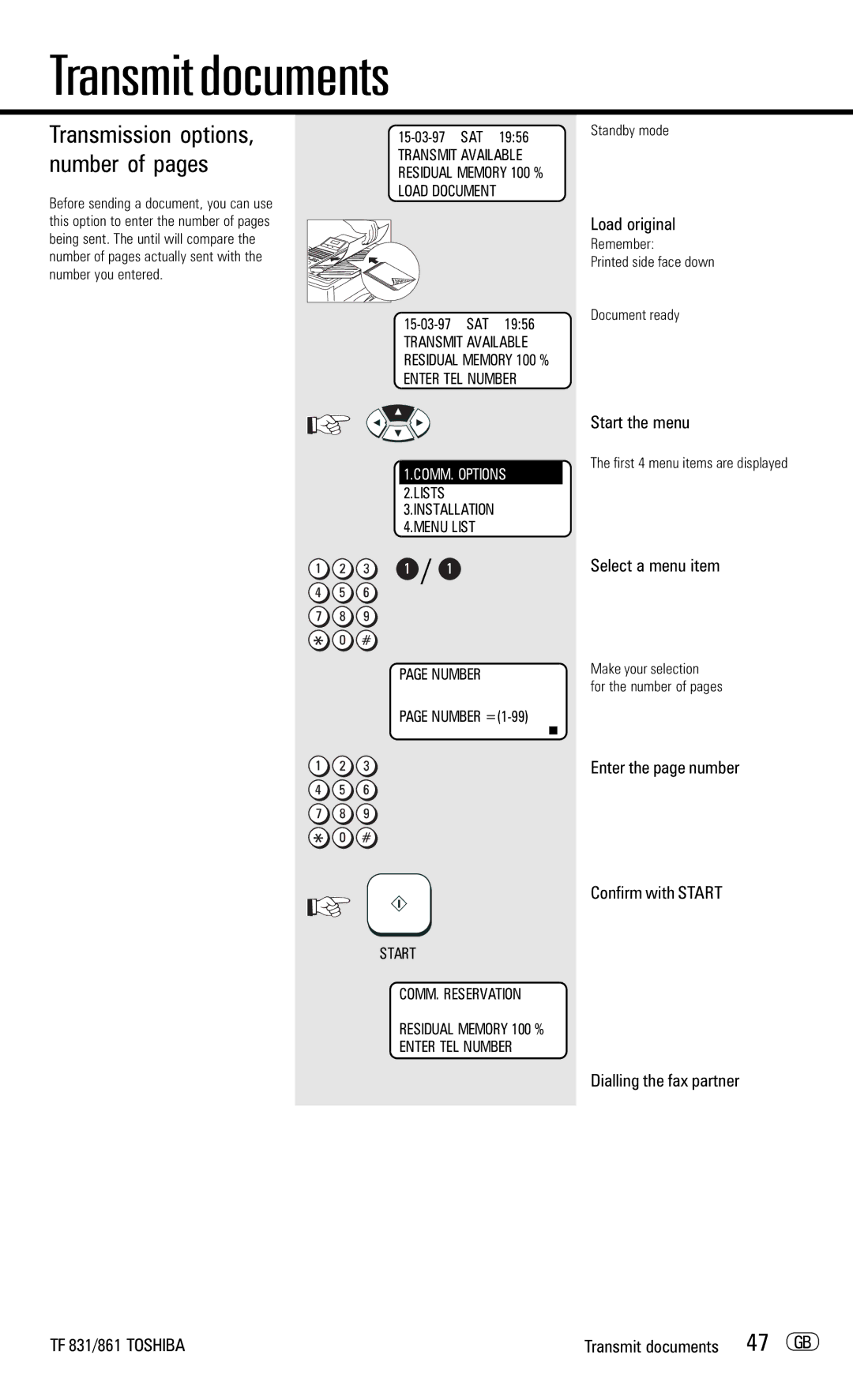 Toshiba TF831/861 manual Transmission options, number of pages, Enter the page number Confirm with Start 