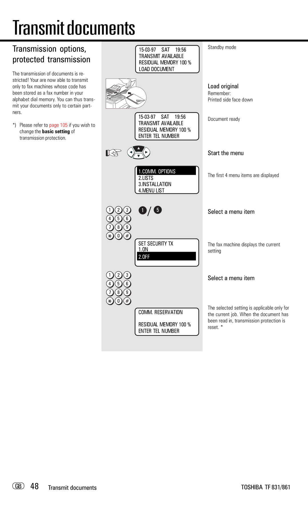 Toshiba TF831/861 manual Transmission options, protected transmission, GB 48 Transmit documents 