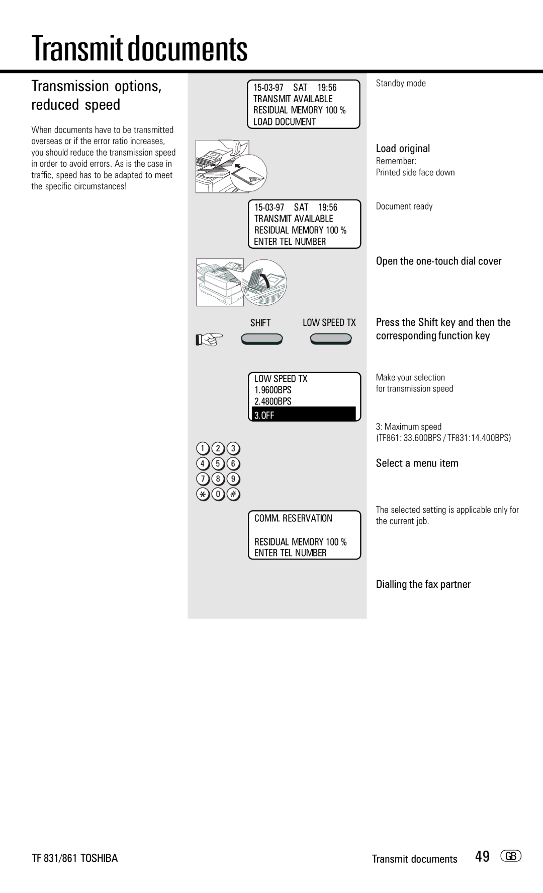 Toshiba TF831/861 manual Transmission options, reduced speed, 9600BPS For transmission speed 4800BPS 