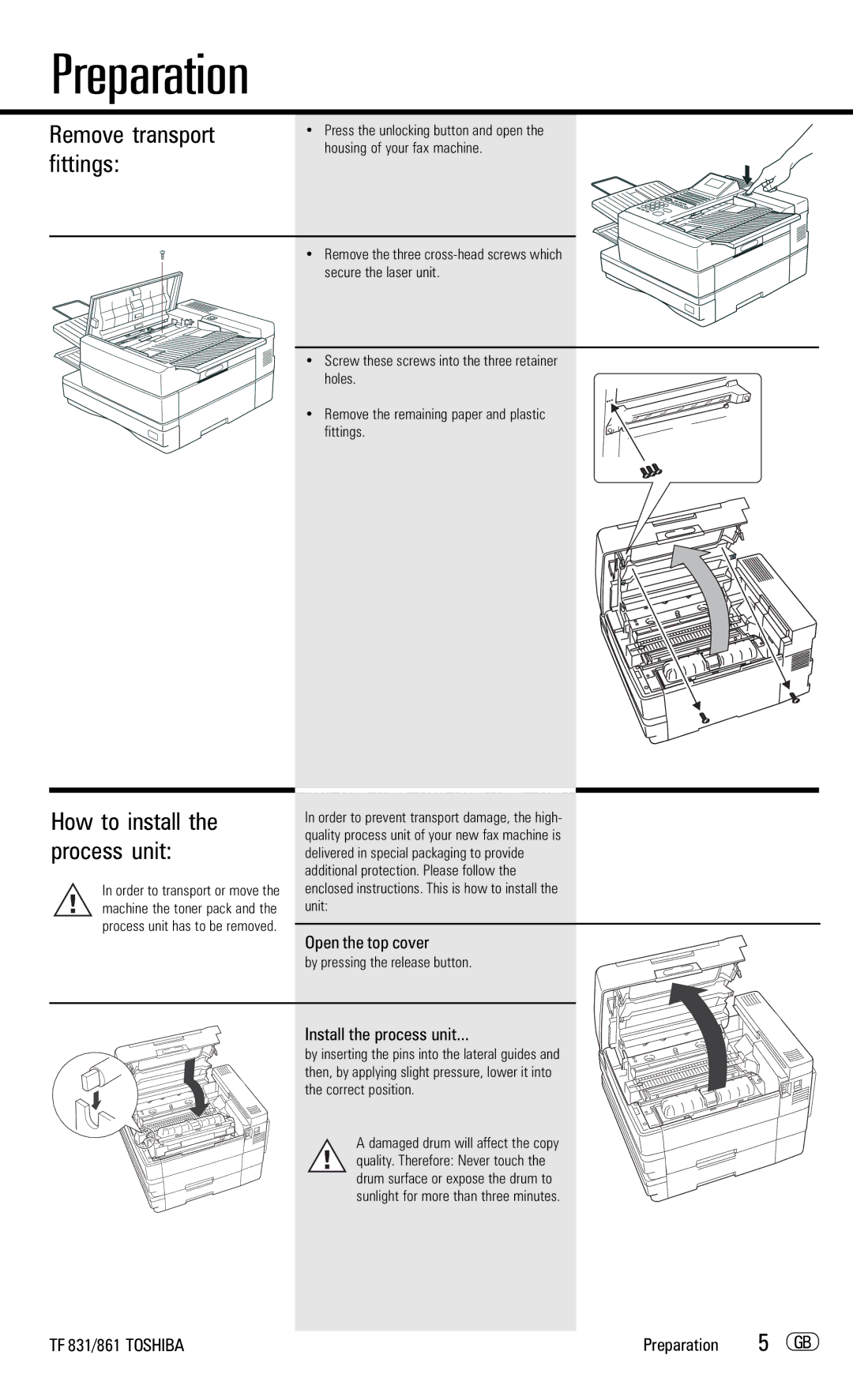 Toshiba TF831/861 Remove transport, Fittings, Open the top cover, Install the process unit, TF 831/861 Toshiba Preparation 