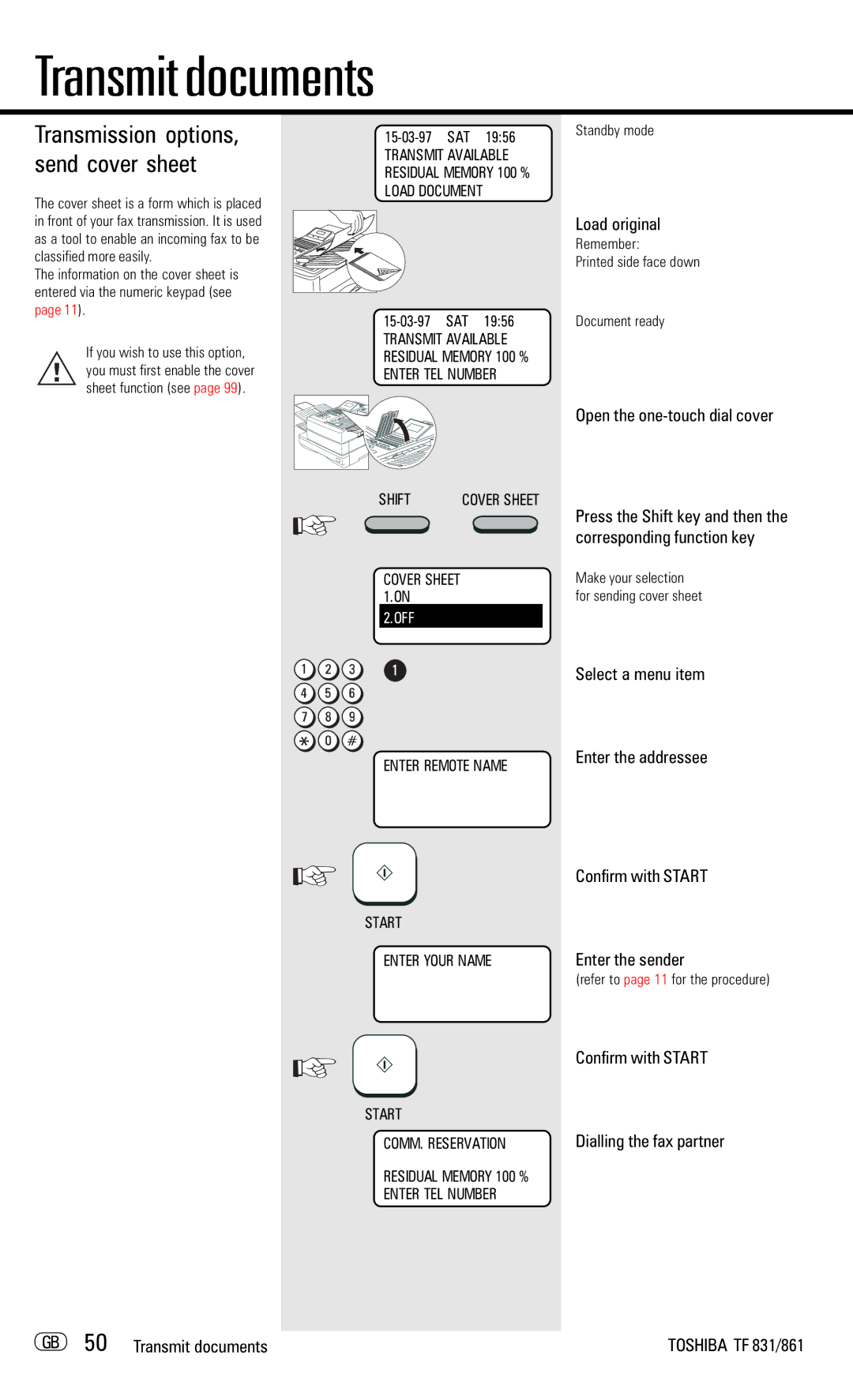 Toshiba TF831/861 manual Transmission options, send cover sheet, Refer to page 11 for the procedure 