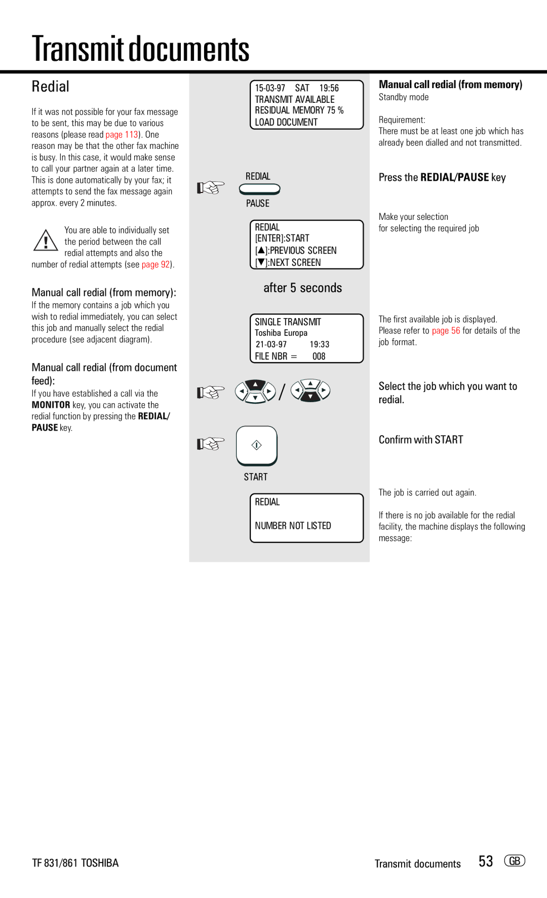 Toshiba TF831/861 manual Redial 