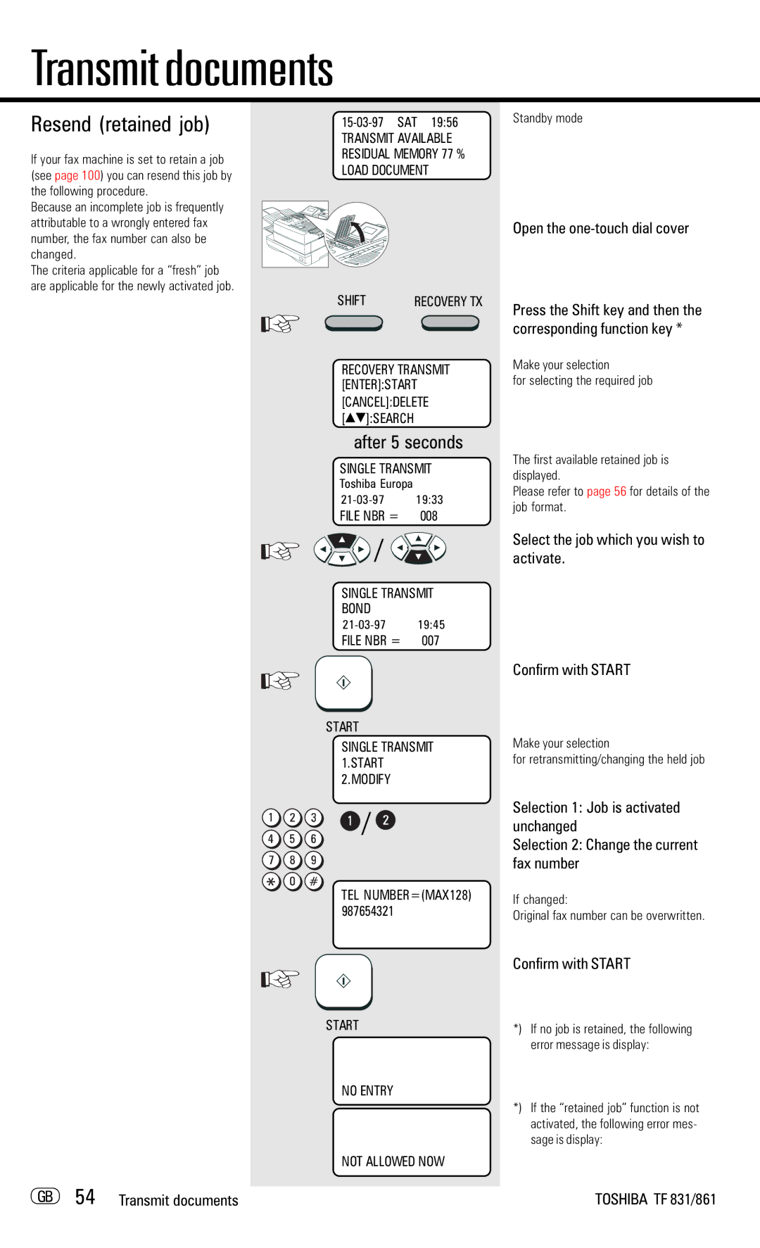 Toshiba TF831/861 manual Resend retained job, GB 54 Transmit documents, If changed Original fax number can be overwritten 