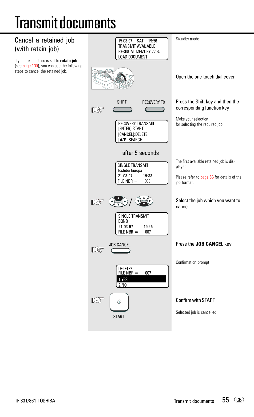 Toshiba TF831/861 manual Cancel a retained job with retain job, TF 831/861 Toshiba Transmit documents 55 GB 