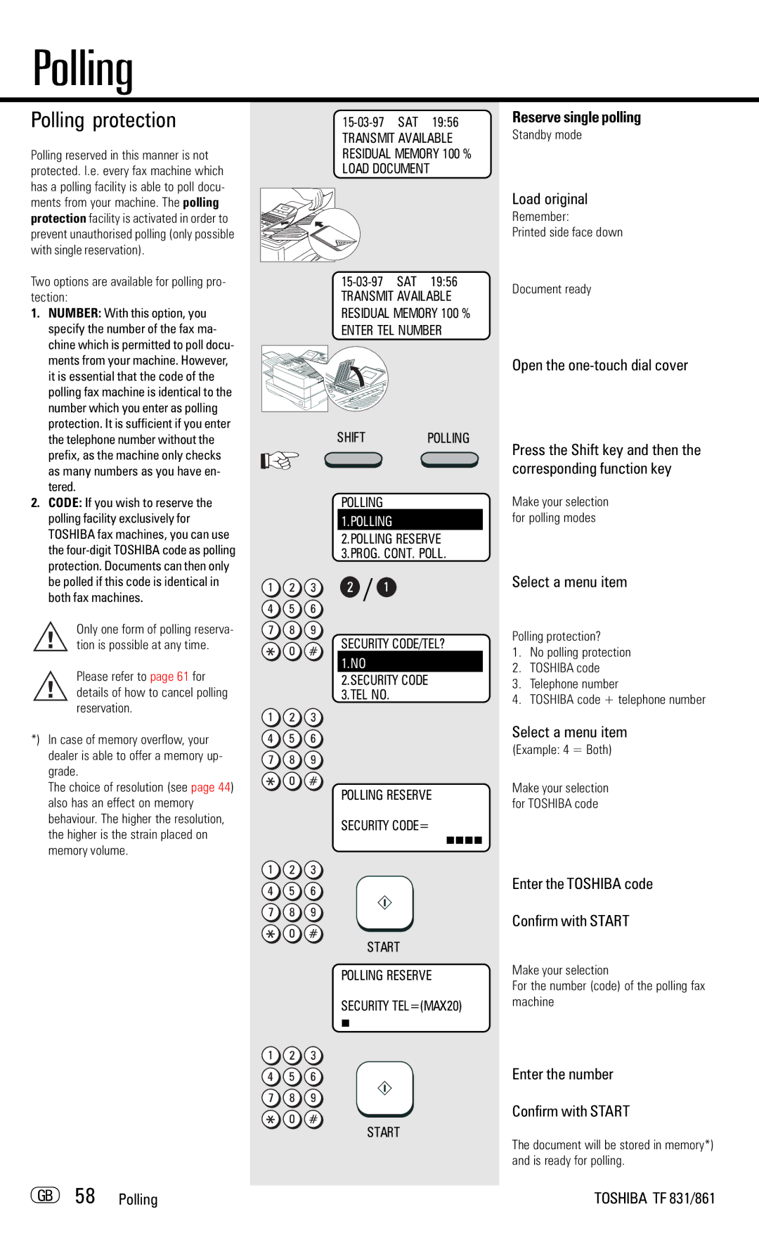 Toshiba TF831/861 manual Polling protection, Enter the Toshiba code Confirm with Start, Enter the number Confirm with Start 