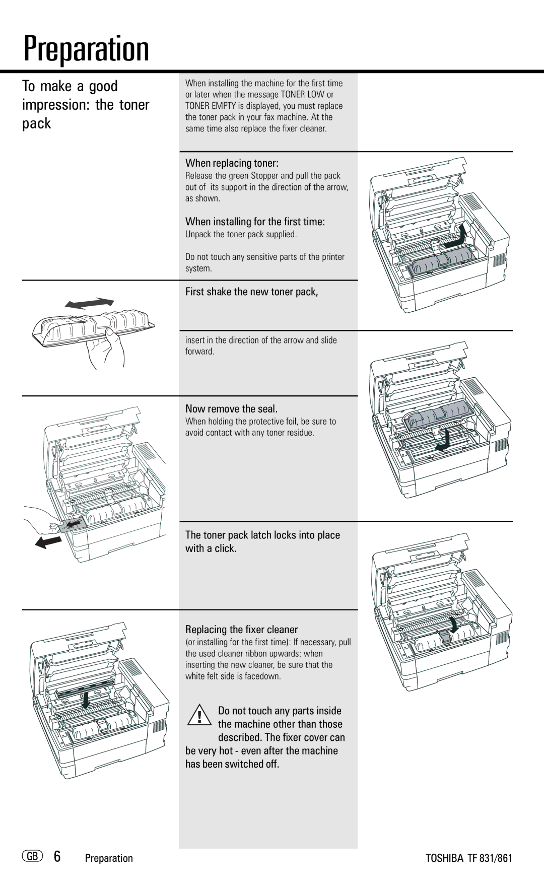 Toshiba TF831/861 manual To make a good impression the toner pack, When replacing toner, When installing for the first time 