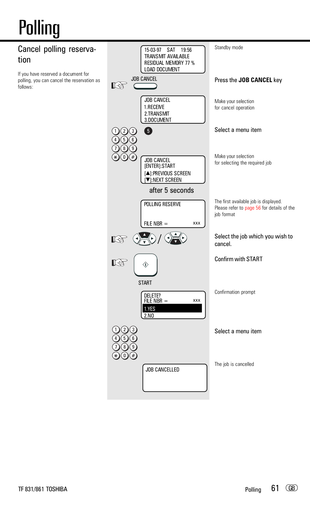 Toshiba TF831/861 Cancel polling reserva- tion, 61 GB, Select the job which you wish to cancel Confirm with Start, Xxx 