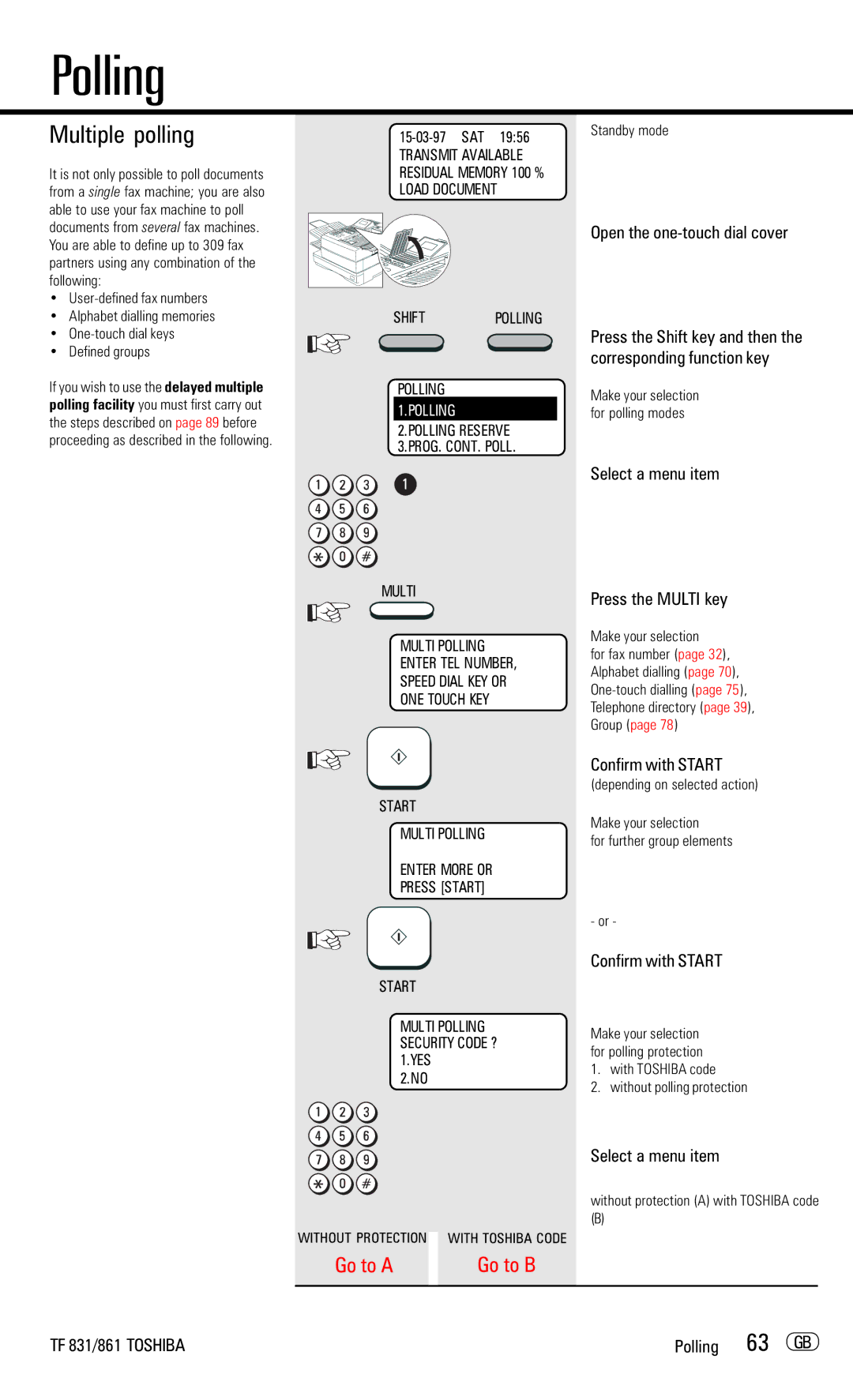 Toshiba TF831/861 manual Multiple polling, 63 GB, Select a menu item Press the Multi key 