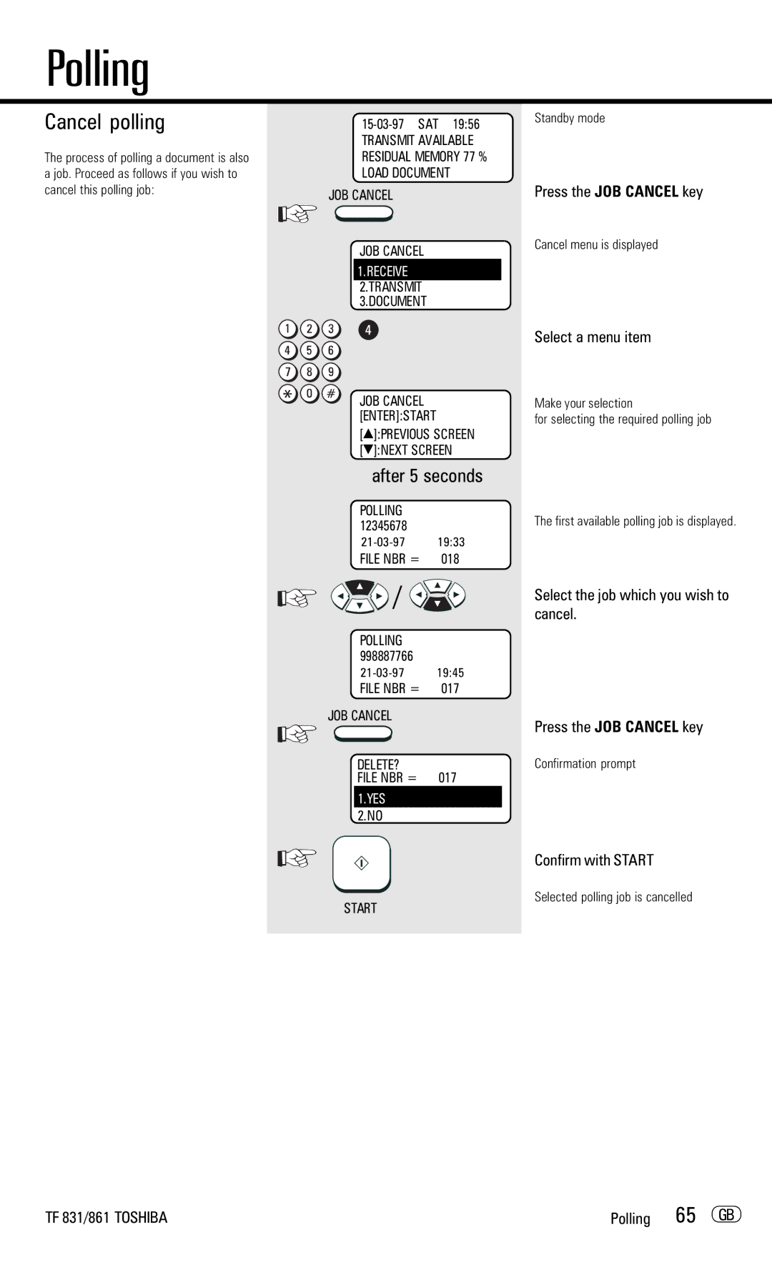 Toshiba TF831/861 manual Cancel polling, 65 GB, Selected polling job is cancelled 