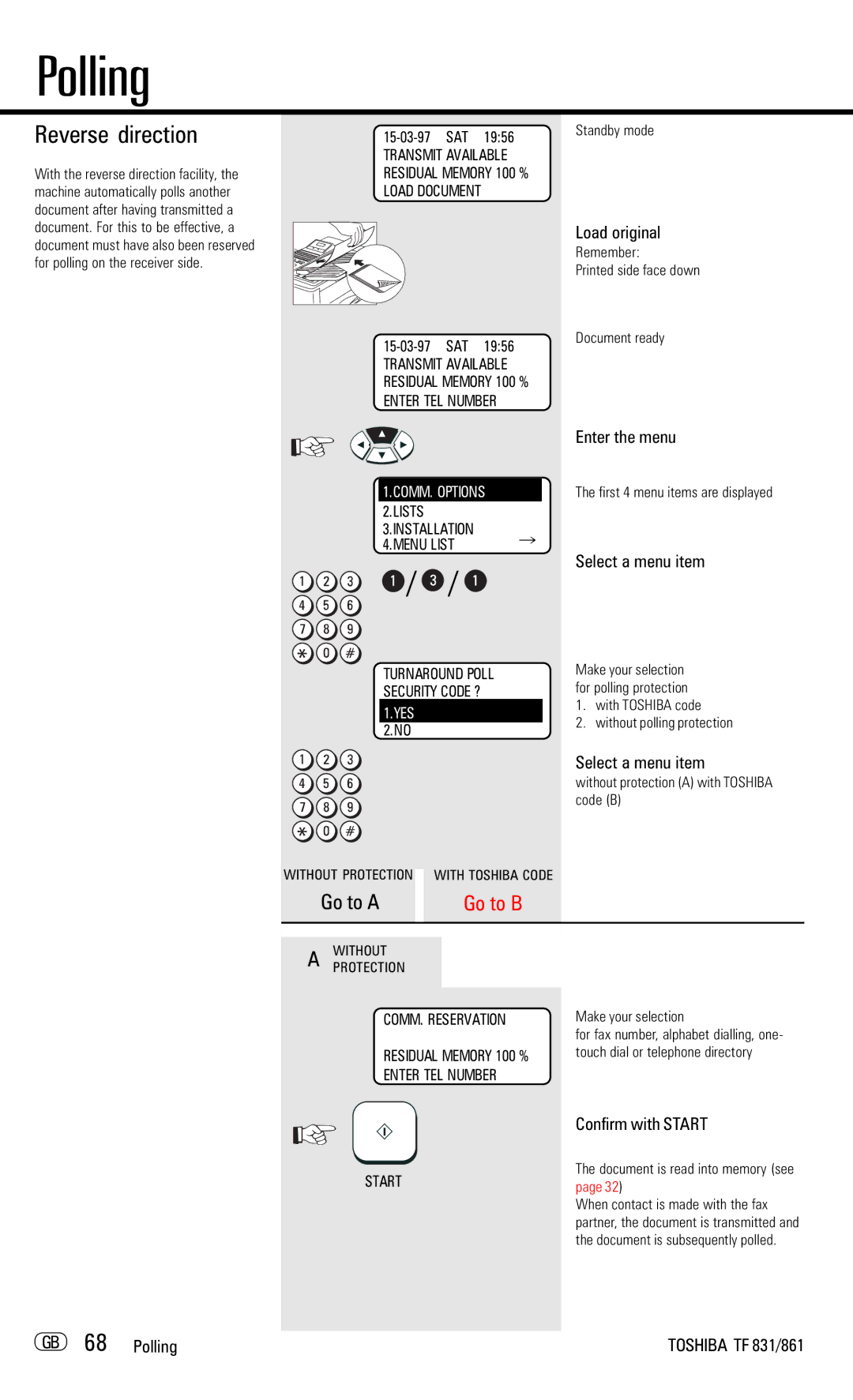 Toshiba TF831/861 manual Reverse direction, Enter the menu, GB 68 Polling 