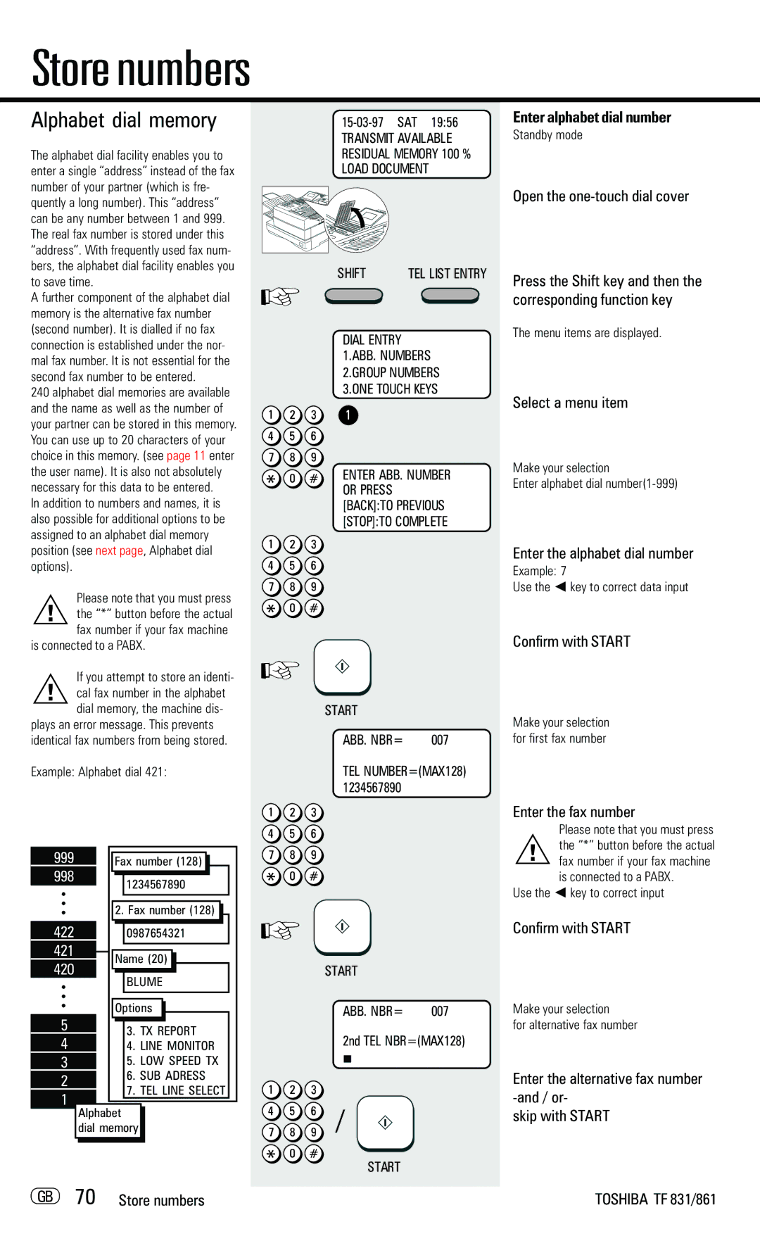 Toshiba TF831/861 manual Store numbers, Alphabet dial memory, Enter alphabet dial number 