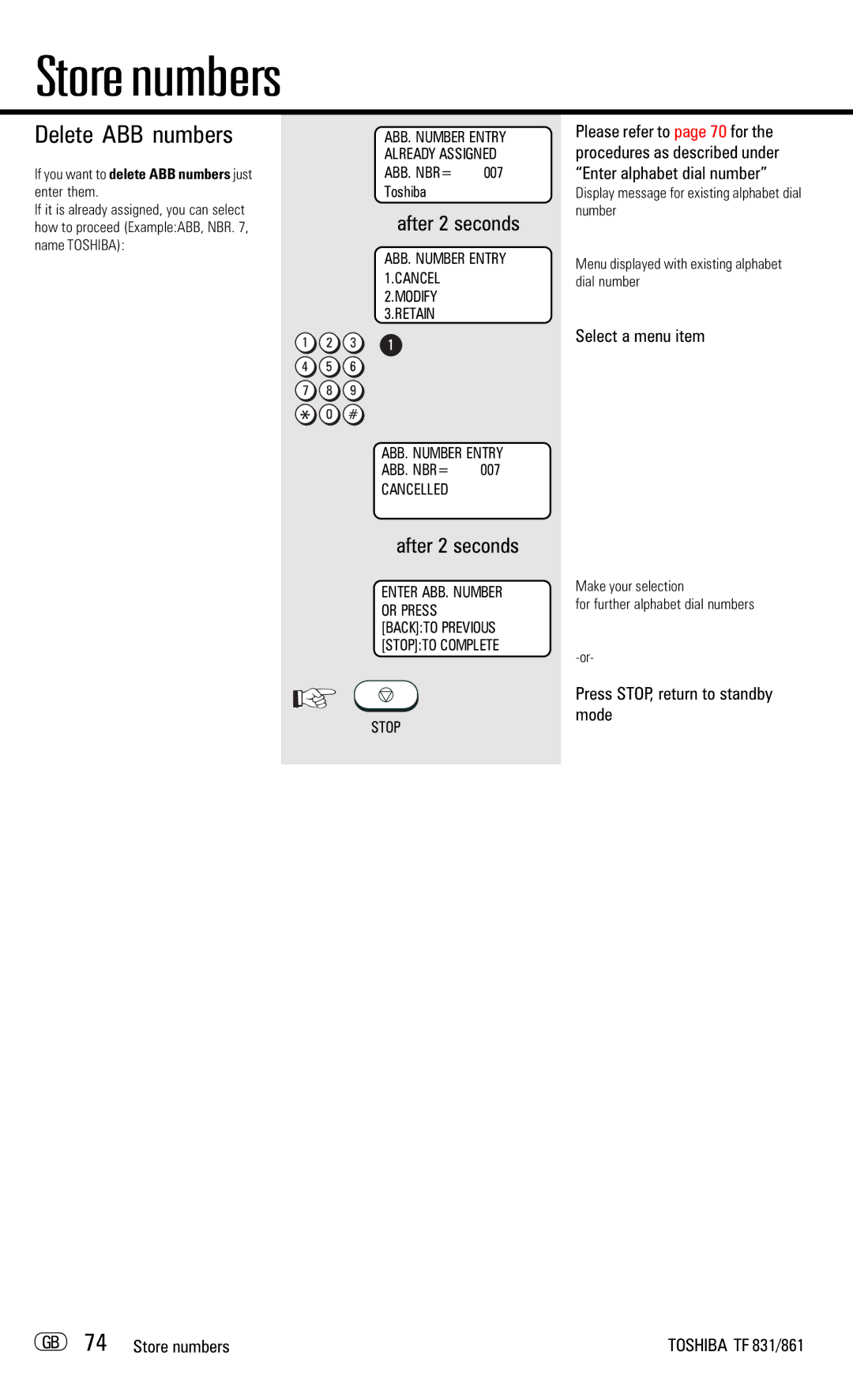 Toshiba TF831/861 manual Delete ABB numbers, If you want to delete ABB numbers just enter them 