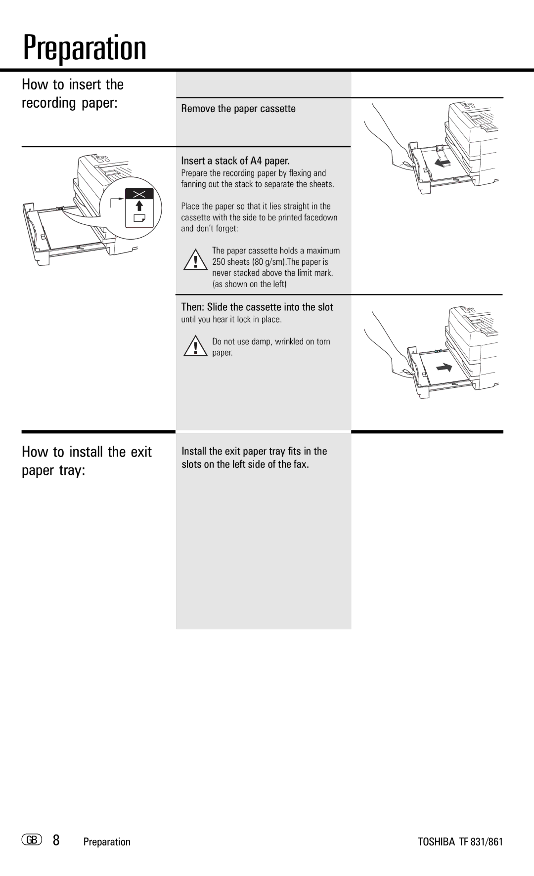 Toshiba TF831/861 manual How to install the exit paper tray, How to insert the recording paper 