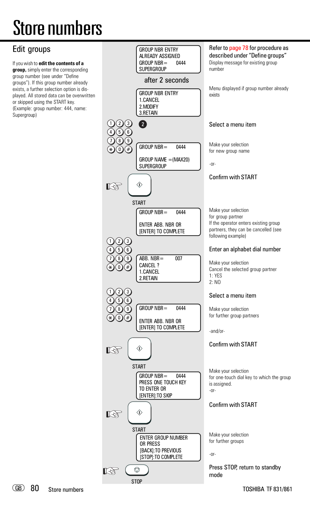 Toshiba TF831/861 manual Edit groups, Enter an alphabet dial number, Press STOP, return to standby mode GB 80 Store numbers 