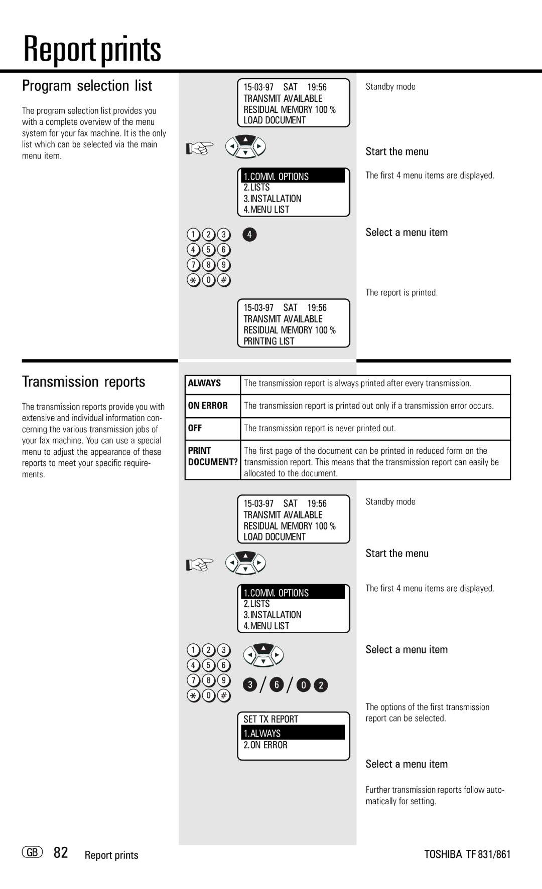 Toshiba TF831/861 manual Program selection list, Transmission reports, GB 82 Report prints 