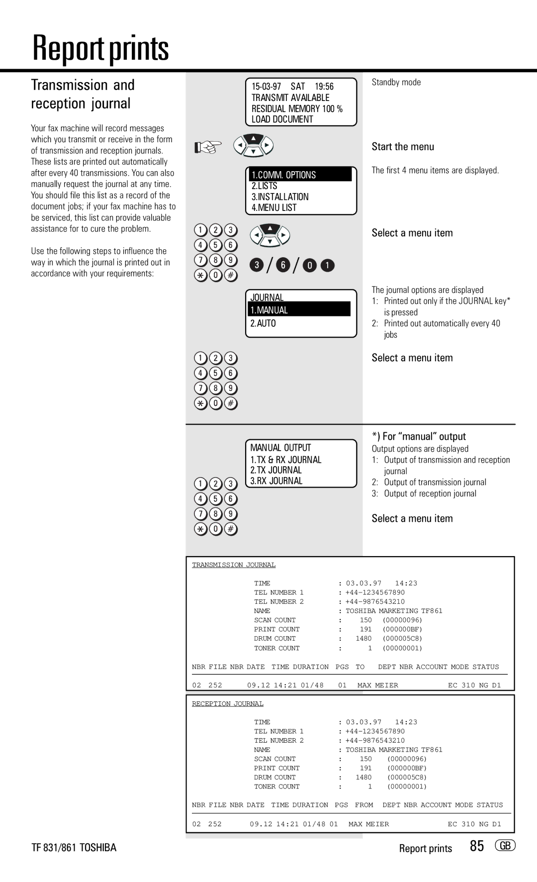 Toshiba TF831/861 85 GB, Transmission and reception journal, Select a menu item For manual output 