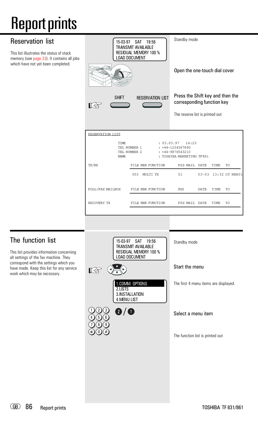 Toshiba TF831/861 manual Reservation list, GB 86 Report prints, Function list is printed out 