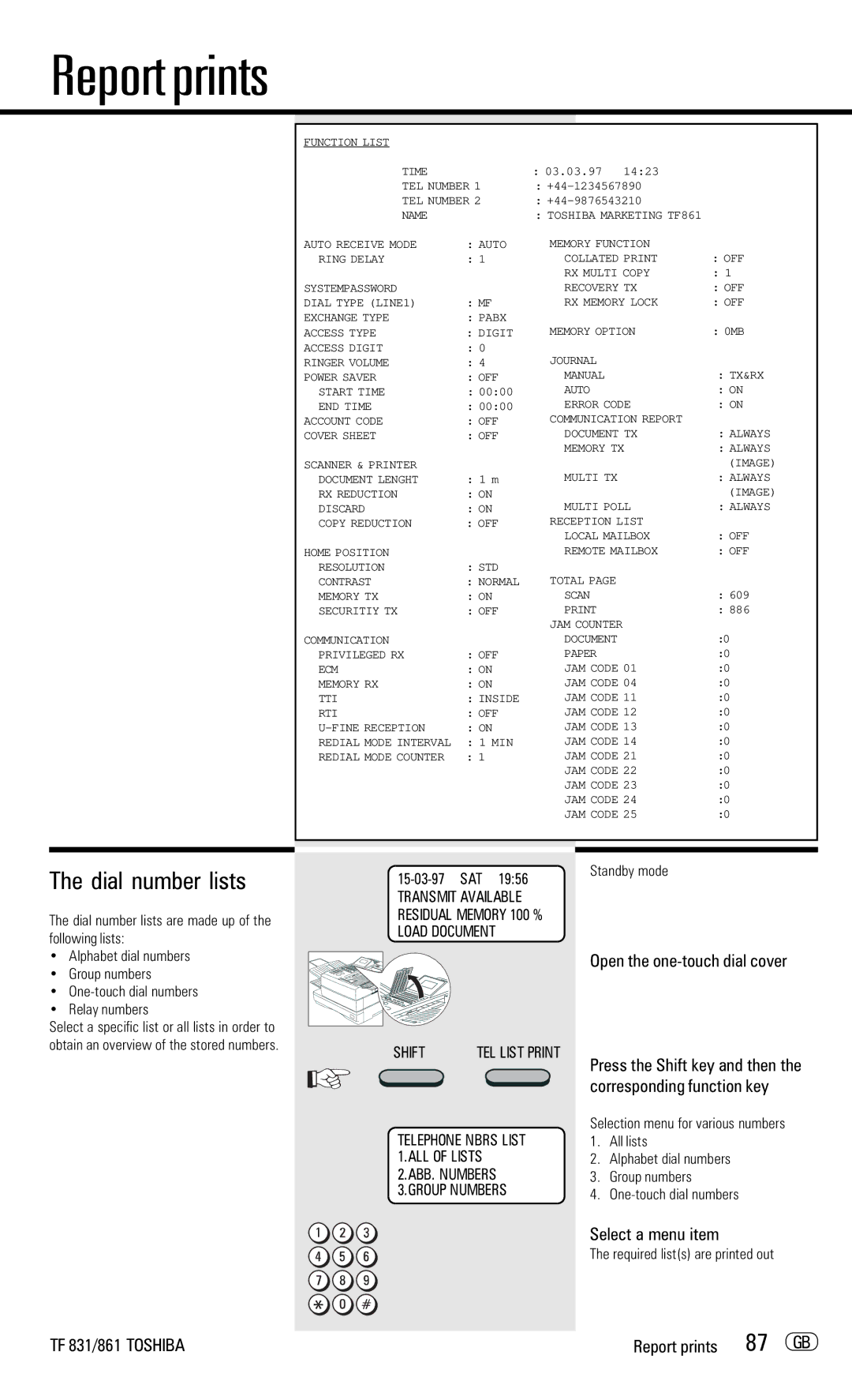 Toshiba TF831/861 manual Dial number lists, 87 GB, Required lists are printed out 