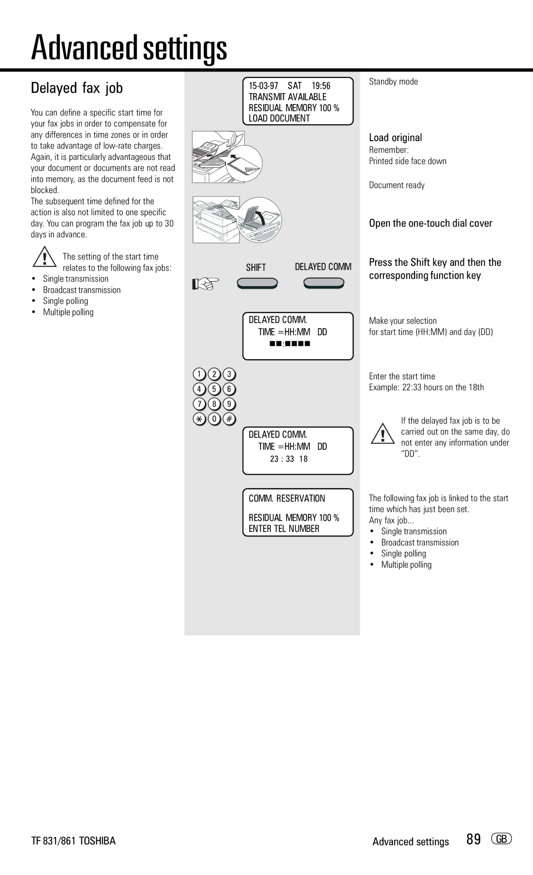 Toshiba TF831/861 manual Delayed fax job, 89 GB, TF 831/861 Toshiba Advanced settings, Nnnnnn, 23 33 