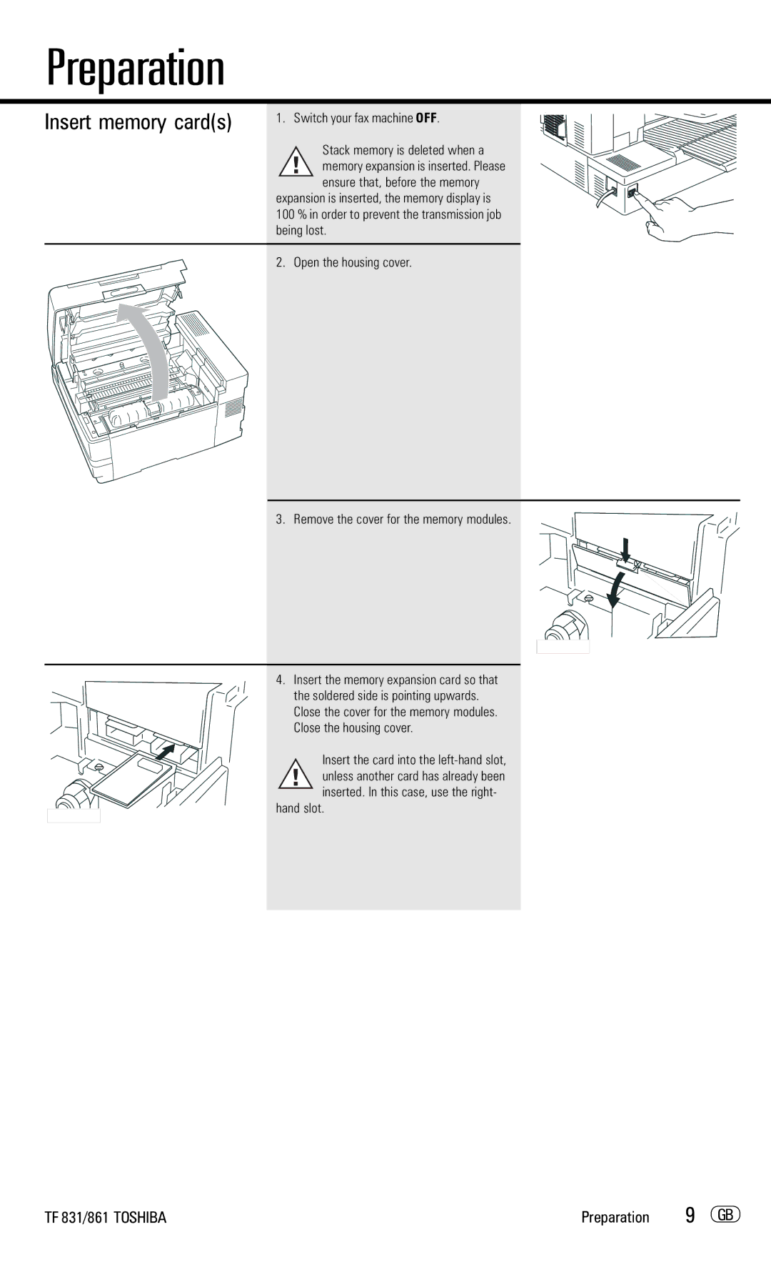 Toshiba TF831/861 Switch your fax machine OFF, Stack memory is deleted when a, Ensure that, before the memory, Being lost 