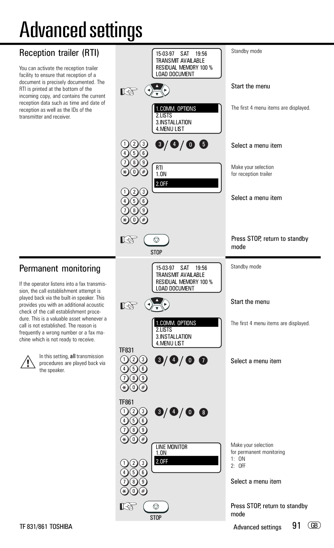 Toshiba TF831/861 manual Advanced settings, Reception trailer RTI, Permanent monitoring, 91 GB 