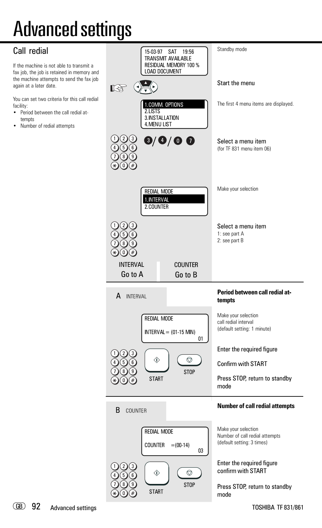 Toshiba TF831/861 manual Call redial, Go to a, Period between call redial at- tempts, Number of call redial attempts 