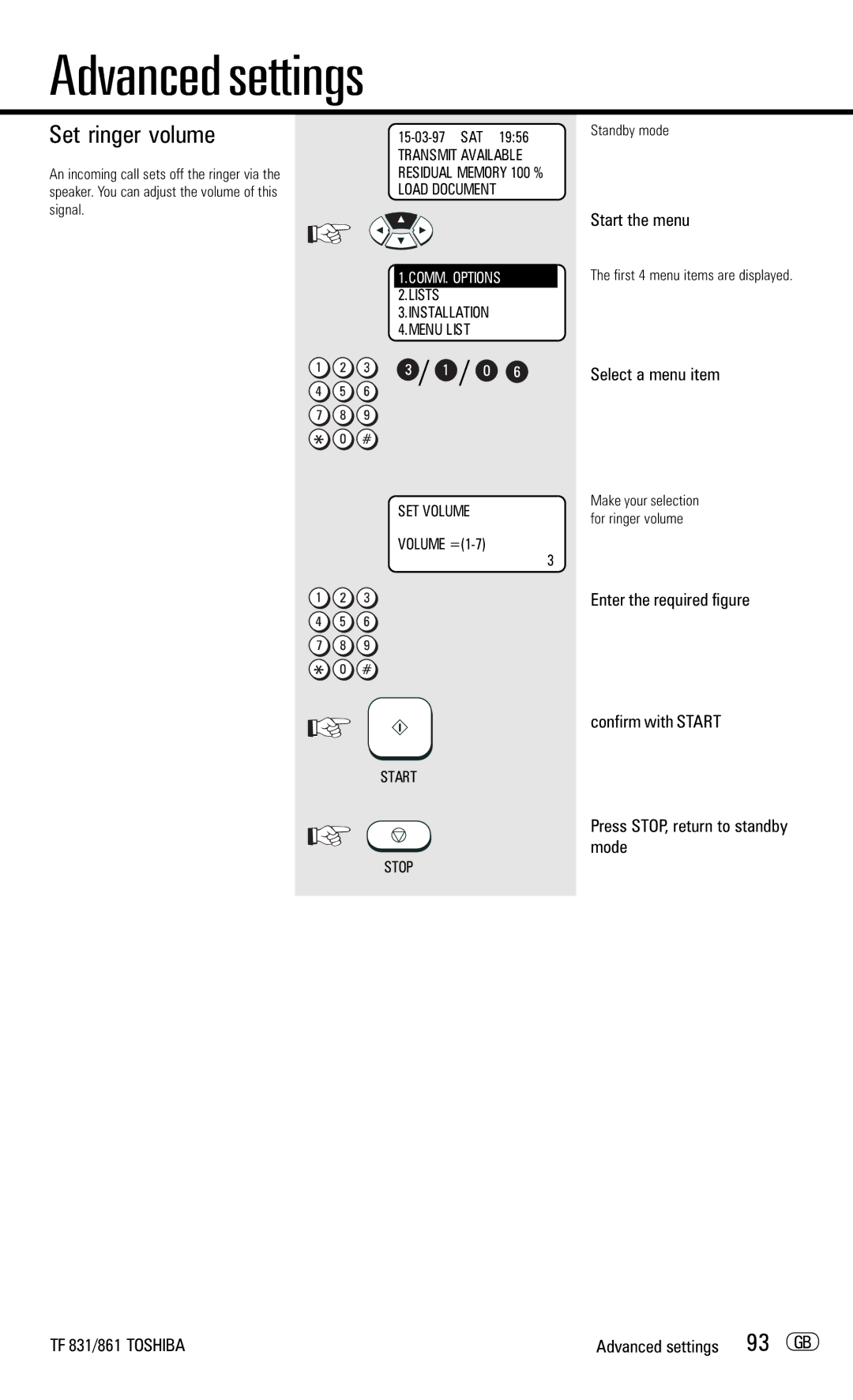 Toshiba TF831/861 manual Set ringer volume, 93 GB 