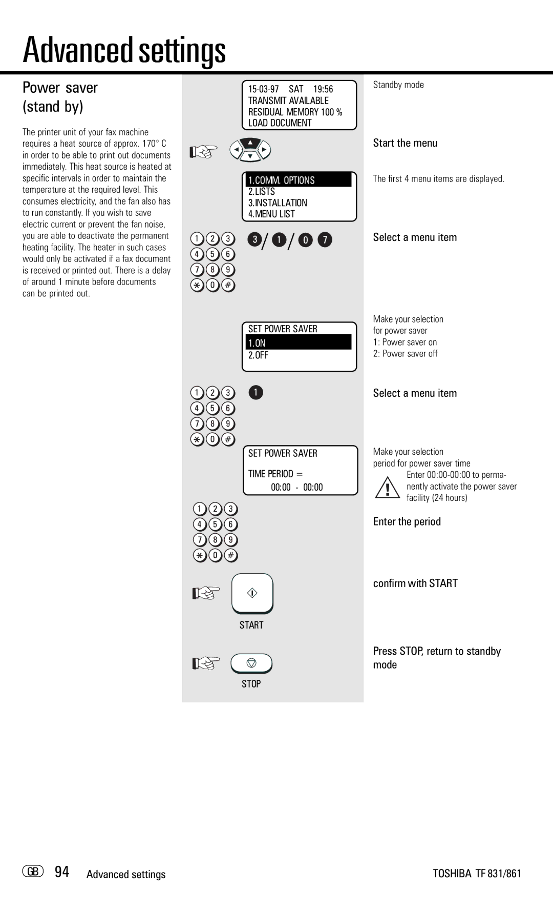 Toshiba TF831/861 manual Power saver stand by, Time Period = 0000, Power saver on Power saver off 