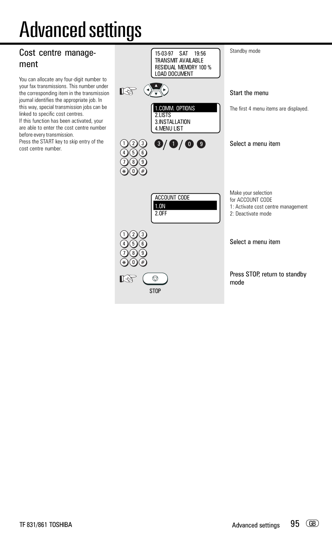 Toshiba TF831/861 manual Cost centre manage- ment, 95 GB, Press the Start key to skip entry of the cost centre number 