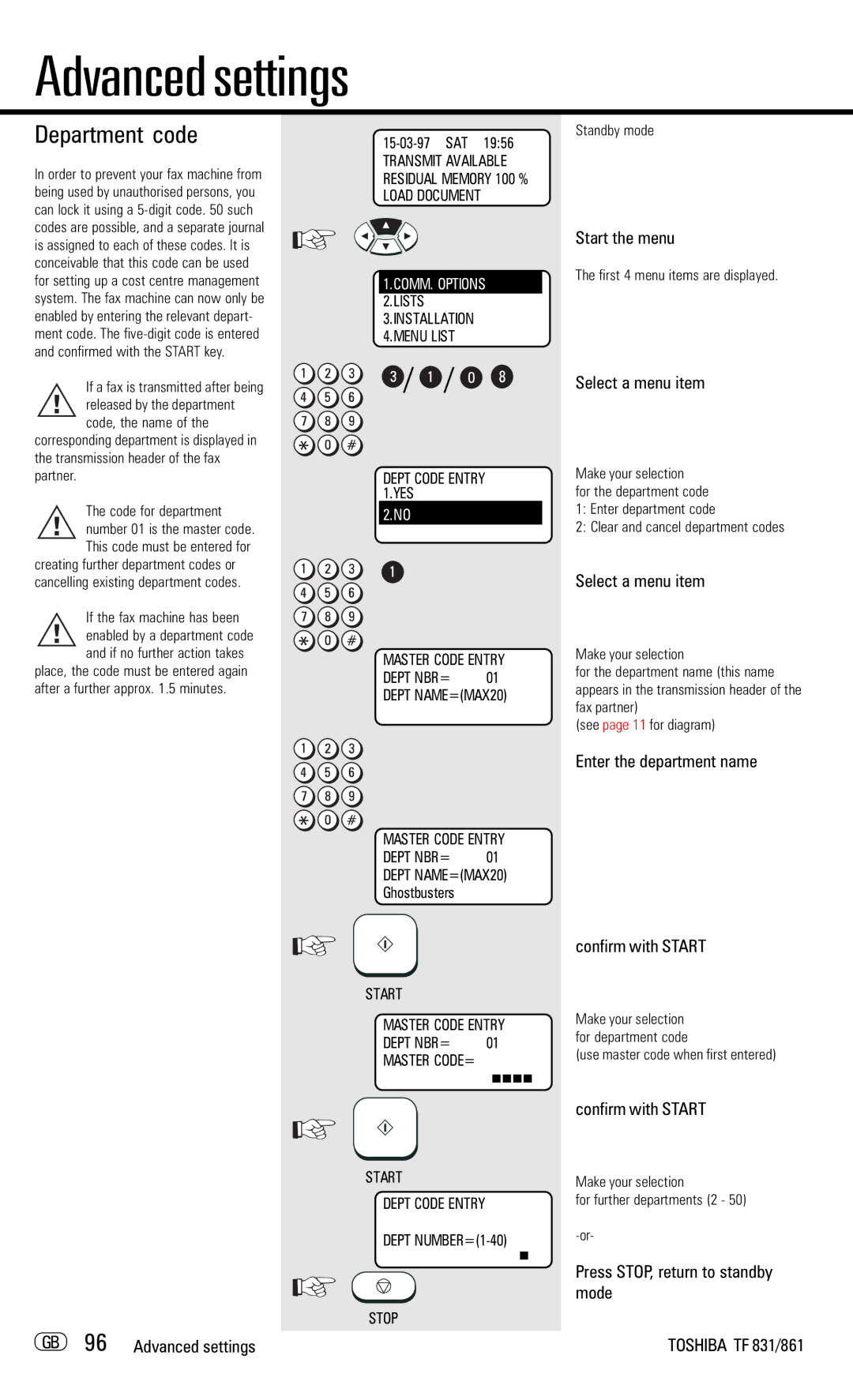 Toshiba TF831/861 manual Department code, Enter the department name Confirm with Start, Use master code when first entered 
