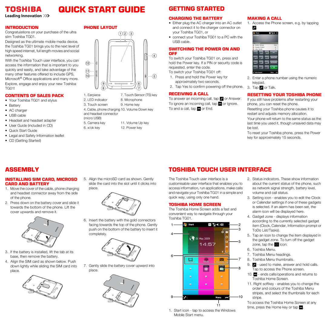 Toshiba TG01 quick start Getting Started, Assembly, Toshiba Touch User Interface 