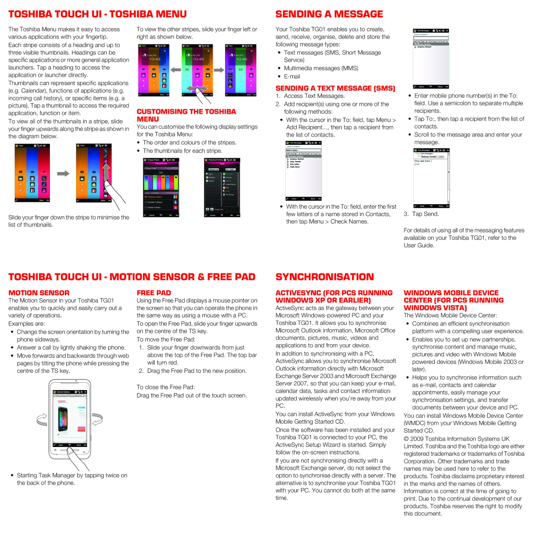 Toshiba TG01 quick start Toshiba Touch UI Toshiba Menu Sending a Message, Synchronisation 