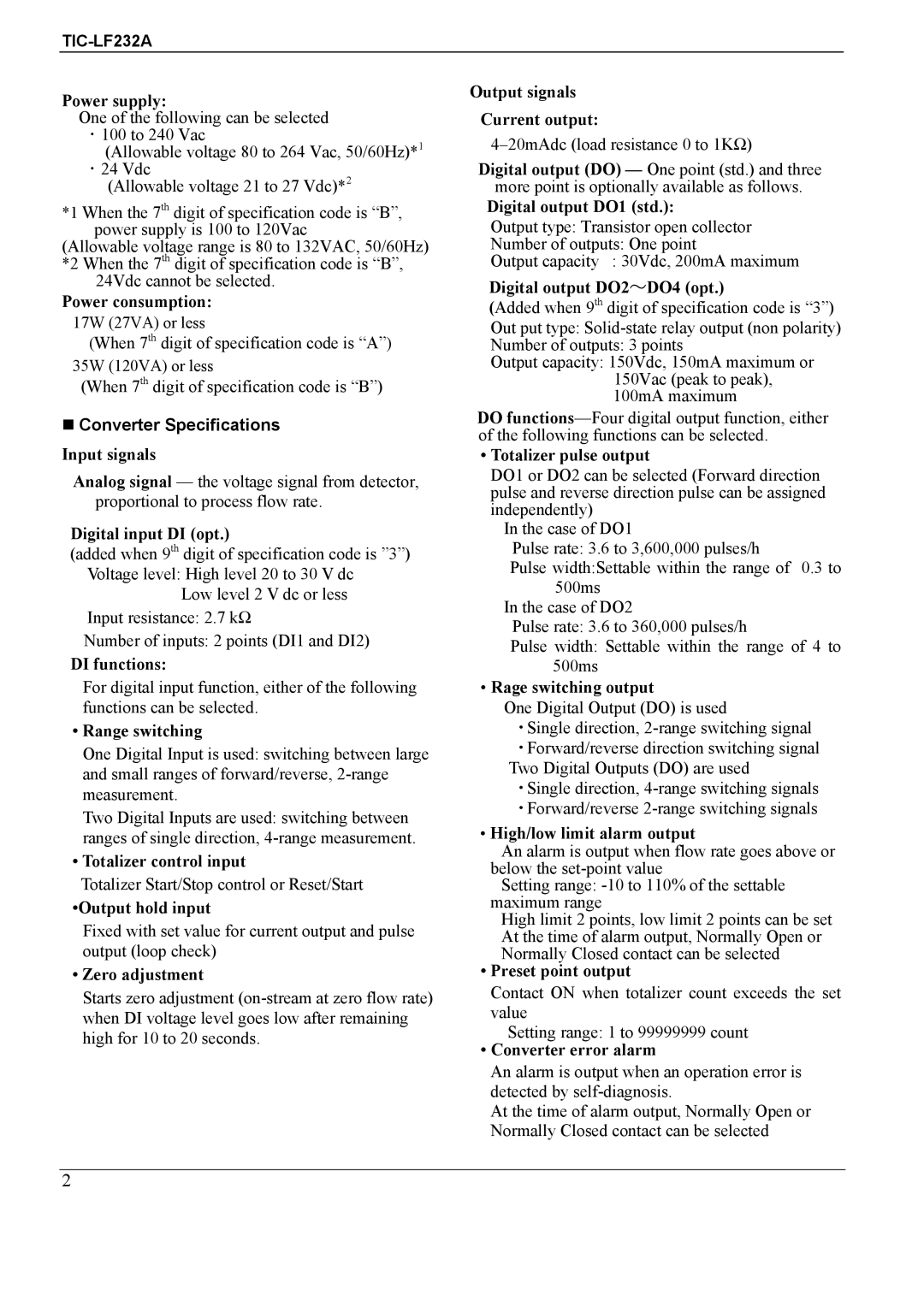 Toshiba TIC-LF232A specifications Converter Specifications 