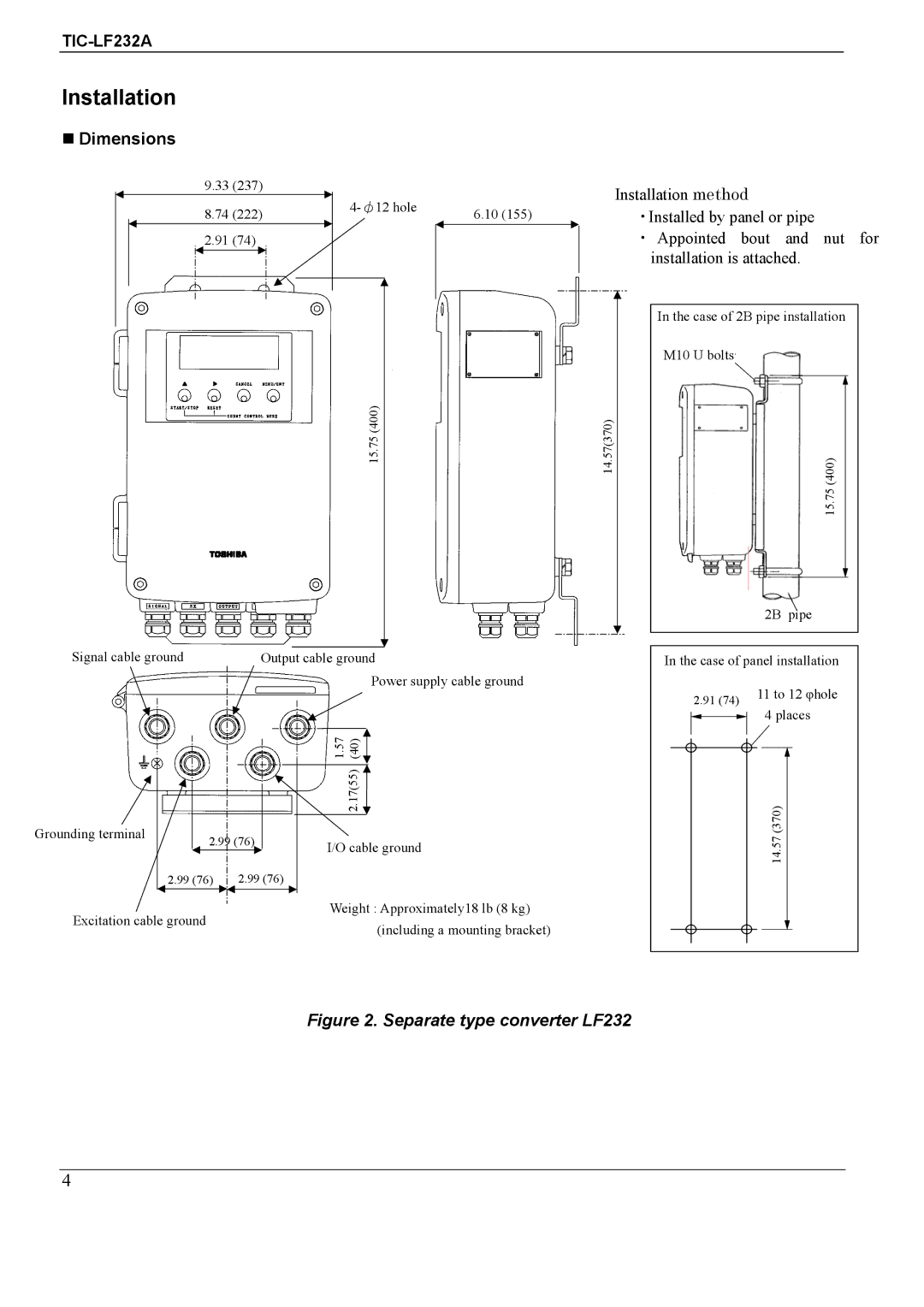 Toshiba TIC-LF232A specifications Installation, Dimensions 