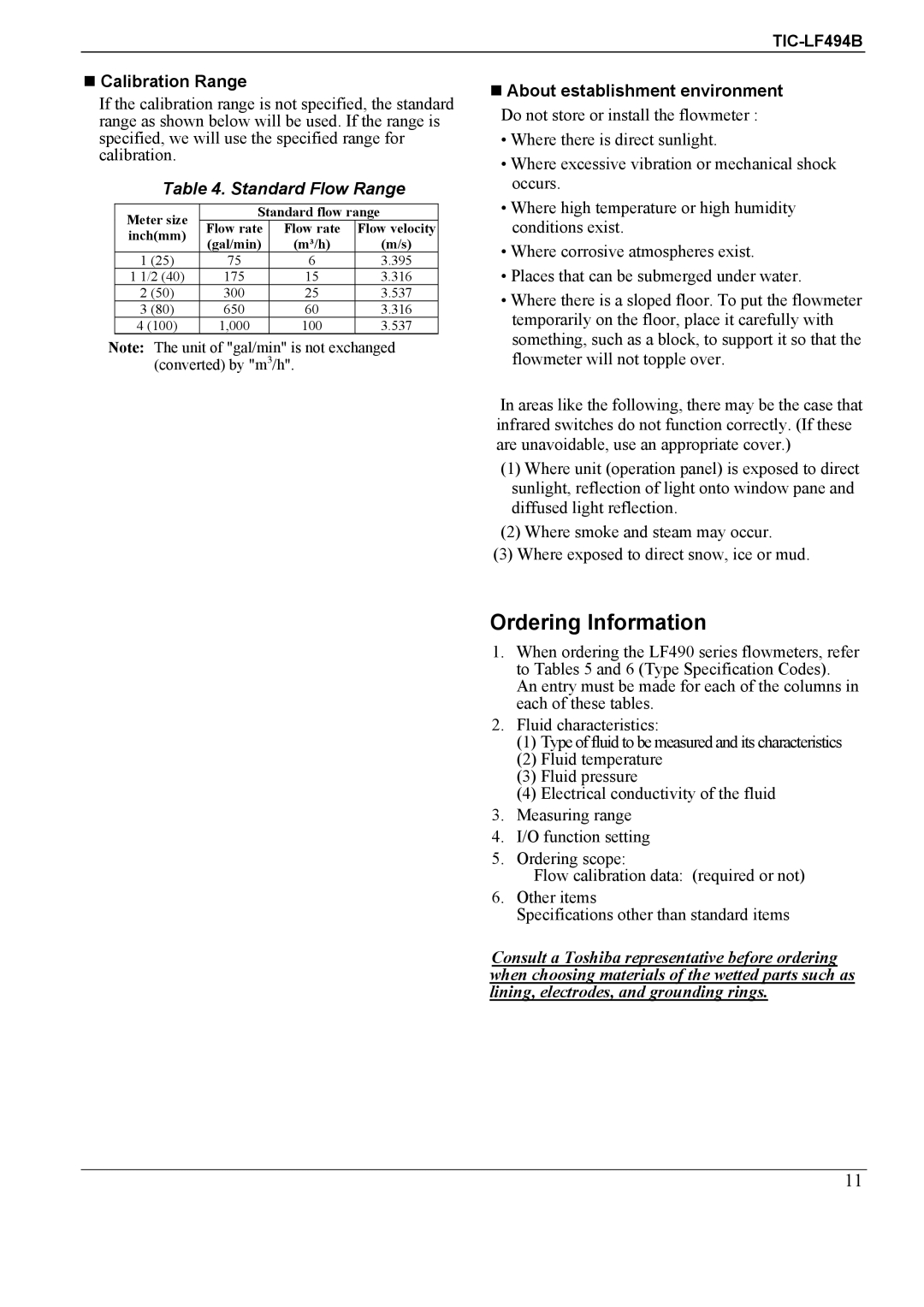 Toshiba TIC-LF494B manual Ordering Information, Calibration Range, Standard Flow Range, About establishment environment 