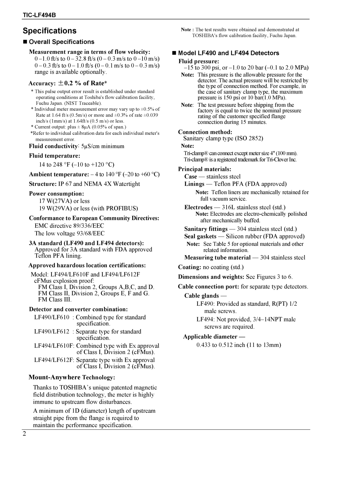 Toshiba TIC-LF494B manual Overall Specifications, Model LF490 and LF494 Detectors 