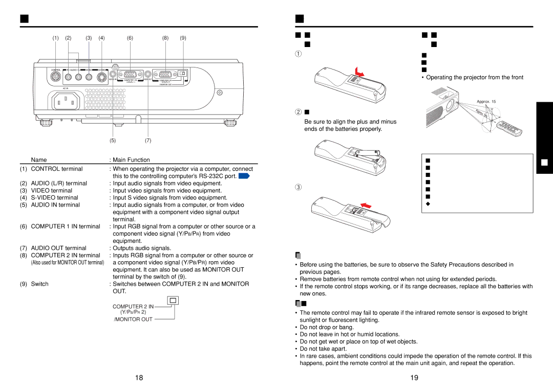 Toshiba TLF-XD2000 Loading dry-cell batteries Into the remote control, Operating the remote control, Dry-cell batteries 